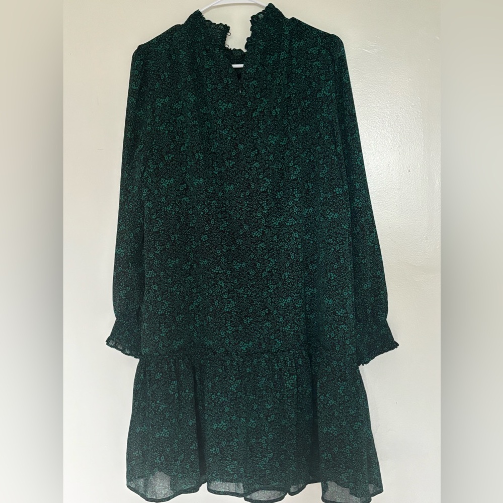 J crew smocked green floral mock neck easy‎ dress M